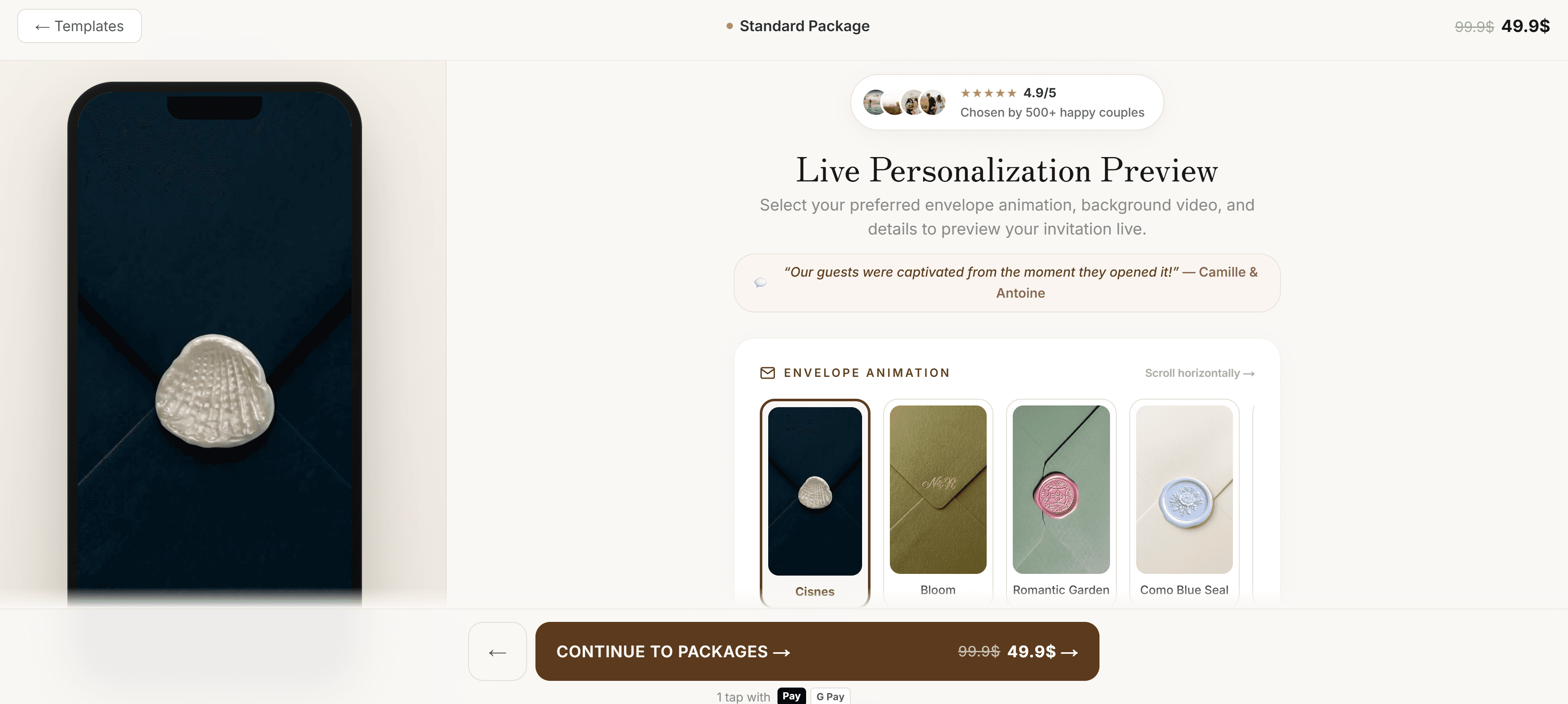 Vista de personalización de FOLDÈ con opciones de animación para el sobre